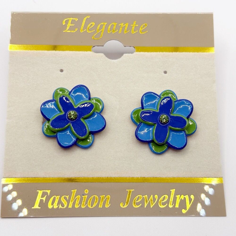 Blue Green Flower Pierced Post Earrings New Spring Easter Grandma Mayday Summer